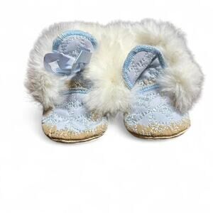 3-6 months Antique handmade 1930s baby moccasin booties rabbit fur trim